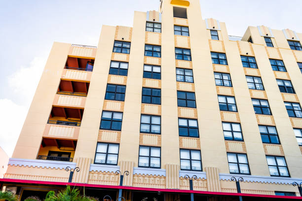 istock Looking up low angle view on art deco building architecture in South Beach at Ocean Drive district in Miami, Florida in summer 1311528867
