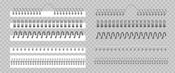 ilustrações, clipart, desenhos animados e ícones de aglutinante de metal. bobinas de prata ou espiral pretas realistas para notebook. conjunto de folhas de fixação helicoidais 3d e encadernações de sketchbook em fundo transparente. fio vetor para costurar páginas - book book cover spiral blank