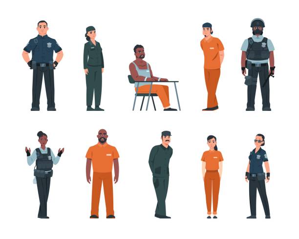 ilustraciones, imágenes clip art, dibujos animados e iconos de stock de cope y bandido. agentes de policía y arrestaron a personas esposadas. los hombres o mujeres convictos usan uniforme naranja en la cárcel. el personal de la prisión protege a los criminales. vector presos y policías establecido - employee theft