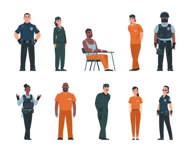 Vector illustration of Cope and bandit. Police officers and arrested people in handcuffs. Convicted men or women wear orange uniform in jail. Prison staff guard criminals. Vector prisoners and policemen set