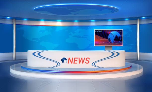 News room. Realistic studio for recording TV programs. 3D newscaster's table and presentation monitor, spotlight and world map. Vector television broadcasting of streaming reportage News room. Realistic studio for recording TV programs. 3D interior, newscaster's table and presentation monitor, spotlight and world map. Vector television broadcasting of live streaming reportage newsreader stock illustrations