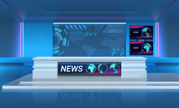 istock Studio for recording TV breaking news. Realistic 3D broadcasting room with speaker s table and television screens. Stepped floor and colorful backlights on walls. Vector interior mockup 1311530473