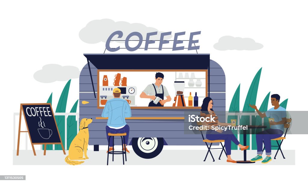 Vetores de Café Café De Rua De Desenho Animado Em Trailer De Van Pequeno Negócio  Familiar Bar Ao Ar Livre Da Cidade Com Placa Ou Outdoor E Mesas Para Os  Clientes Vetores