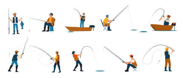 ilustrações, clipart, desenhos animados e ícones de pescador. pessoas de desenho animado pescando. personagens pegando peixes com varas enquanto estão na beira do lago e sentados em cadeiras dobráveis ou de barcos. hobby masculino. passatempo de lazer vetorial - pescaria