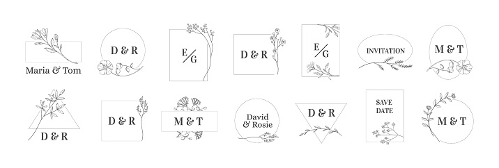 Herb minimal logo. Wedding monograms with newlyweds names. Floral contour frames for greeting and invitation cards. Blooming flowers and filigree plant branches. Vector calligraphic line borders set