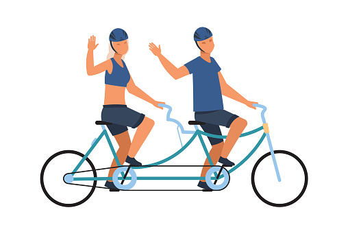 People on tandem bike. Happy male and female character ride on twin bicycle and waving hand, couple healthy lifestyle, man and woman in sport clothes and helmet vector cartoon isolated illustration