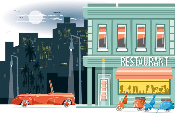 vintage restaurant - freunde imbiss großstadt stock-grafiken, -clipart, -cartoons und -symbole
