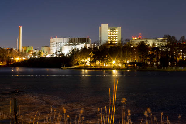 Nightly view of Meilahti hospital, operated by HUS (Helsinki University Hospital). The residence of Finnish prime minister, Kesäranta, in the foreground. stock photo