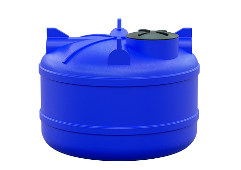 Tanque de agua de plástico azul utilizado en la planta de tratamiento de agua aislado sobre fondo blanco photo