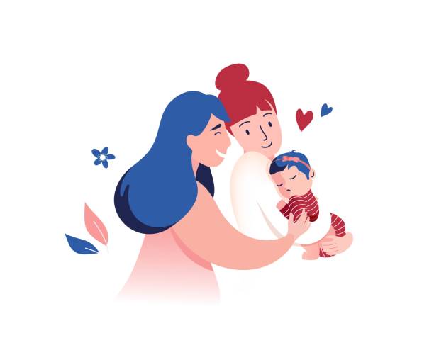 illustrations, cliparts, dessins animés et icônes de illustration vectorielle du couple féminin gai heureux retenant la fille adoptive de chéri dans des bras. - homosexual couple illustrations