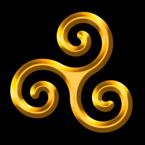 Golden triskele on black background. Triskelion, ancient symbol and motif consisting of a triple spiral, exhibiting rotational symmetry. Three-dimensional and gold colored sign, isolated illustration.