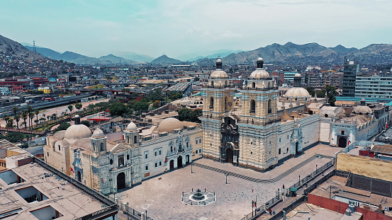 Panoramic aerial view of Lima, Peru San Francisco church and convent during the summer