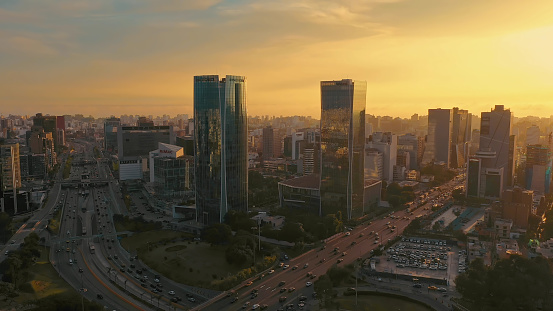Aerial Panoramic view sunset of San Isidro financial district in Lima, Peru during the summer