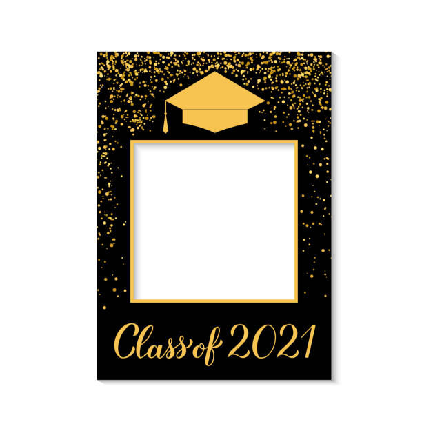 Class of 2021 photo booth frame graduation cap isolated on white. Graduation party photobooth props. Grad celebration selfie frame.  Vector template Class of 2021 photo booth frame graduation cap isolated on white. Graduation party photobooth props. Grad celebration selfie frame.  Vector template. 2021 photos stock illustrations