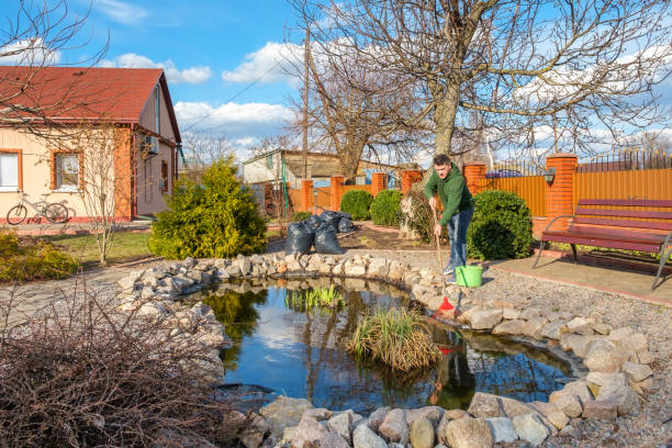 istock man cleans a garden pond with leaf rake from water plants and falling leaves 1311538485
