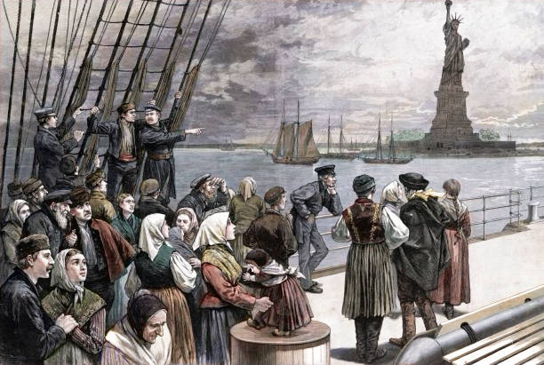 Ship with Immigrant Passengers Arriving in New York Vintage engraving features a late nineteenth century depiction of an ocean steamer of European immigrants passing the Statue of Liberty in New York harbor after crossing the Atlantic. crowd of people borders stock illustrations