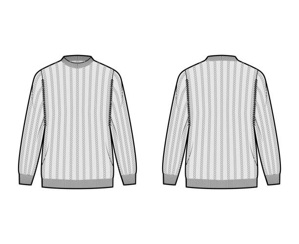 istock Ribbed Sweater technical fashion illustration with rib crew neck, long sleeves, oversized, hip length, knit cuff trim 1311538810
