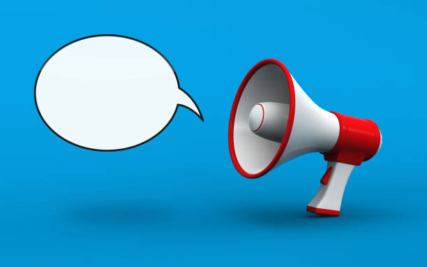 istock Megaphone with talk bubble on the blue background 1311539776