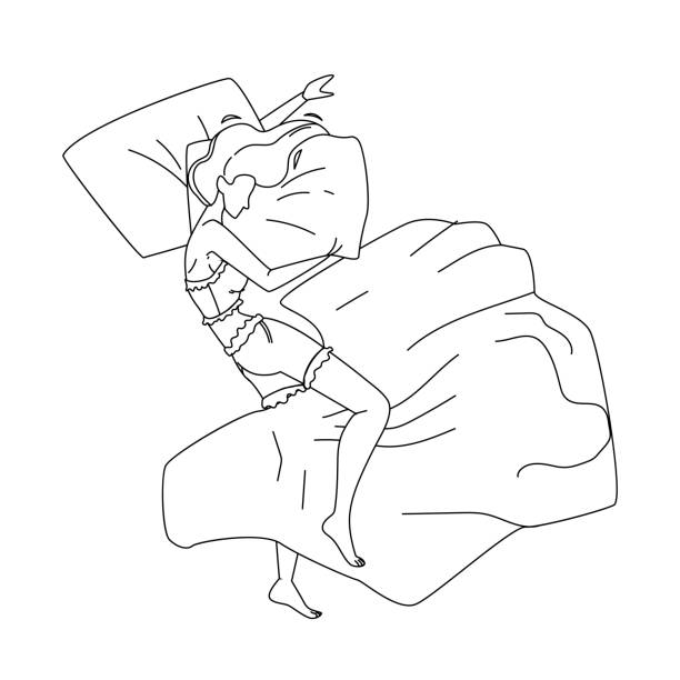 Woman Asleep At Night In Comfortable Bed Vector Woman Asleep At Night In Comfortable Bed Black Line Pencil Drawing Vector. Young Girl Lying And Asleep On Cozy Orthopedic Mattress And Pillow. Character Lady Resting And Sleeping Bedtime Illustration drawing of mattress stock illustrations