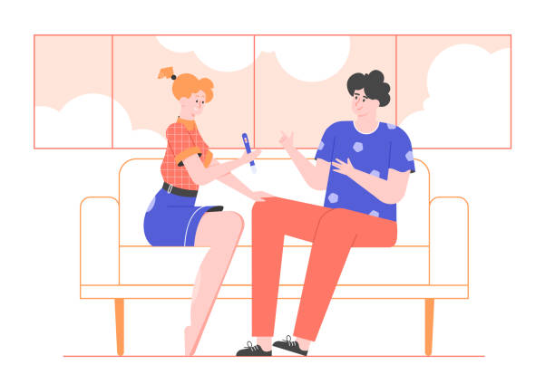 Couple is sitting on the couch looking at a positive pregnancy test. Future mother and father. Childhood expectation, new life, happy family. Vector flat illustration. Couple is sitting on the couch looking at a positive pregnancy test. Future mother and father. Childhood expectation, new life, happy family. Vector flat illustration. family planning together stock illustrations