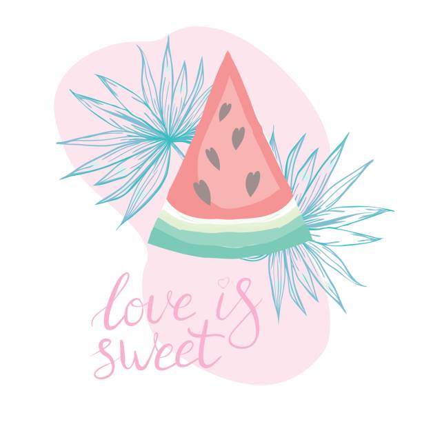 Welcome to Summer letting handwriting quote and watermelon. Emotional print with watermelon hand writing quote. Vector illustration with slices of watermelons. Love is Sweet letting handwriting quote and watermelon. Vector illustration with slices of watermelons. handwriting font not script stock illustrations