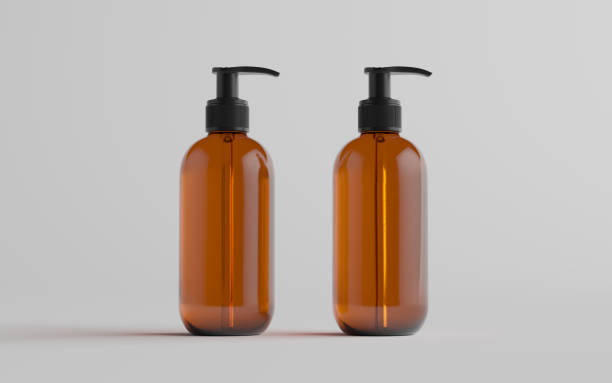 istock Amber Glass Pump Bottle Mock-Up - Liquid Soap, Shampoo Dispenser - Two Bottles 1311546765