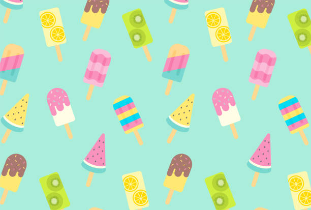 배너, 카드, 전단지, 소셜 미디어 배경 화면 등을위한 아이스캔디가있는 원활한 패턴 - flavored ice stock illustrations