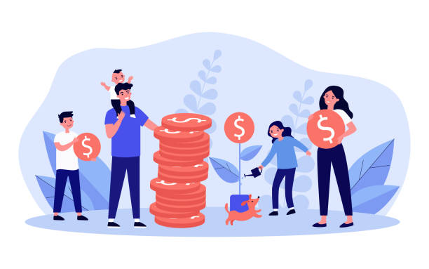 Happy family saving money Happy family saving money. Mom holding coin, girl watering money tree, stack of coins flat vector illustration. Family or household budget concept for banner, website design or landing web page landing touching down stock illustrations