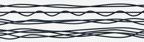 realistisches elektrisches kabel. 3d nahtlos isolierte elektrische kupferdrähte. gebogene bündel von schwarzen seilen. verflechtung auf transparentem hintergrund. vektor-stromgeräte-set - kabel stock-grafiken, -clipart, -cartoons und -symbole