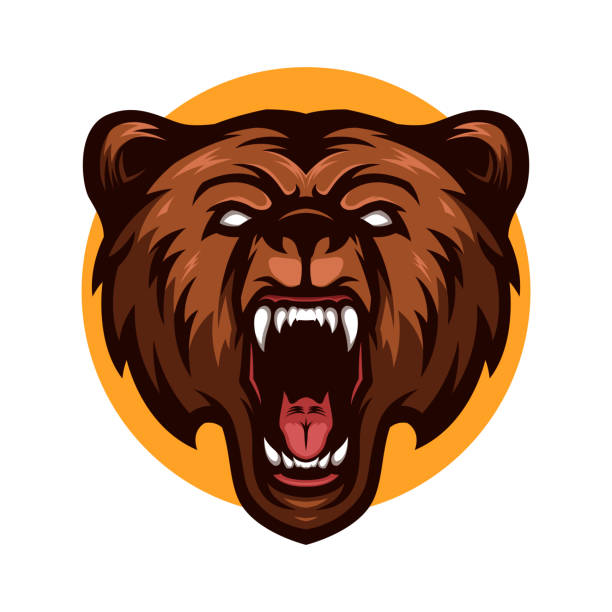 illustrazioni stock, clip art, cartoni animati e icone di tendenza di ruggente grizzly orso testa mascotte - ruggire