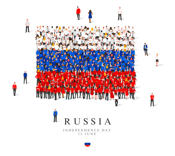 A large group of people are standing in white, blue and red robes, symbolizing the flag of Russia. A large group of people are standing in white, blue and red robes, symbolizing the flag of Russia. Vector illustration isolated on white background. Russian flag made of people. russia flag stock illustrations
