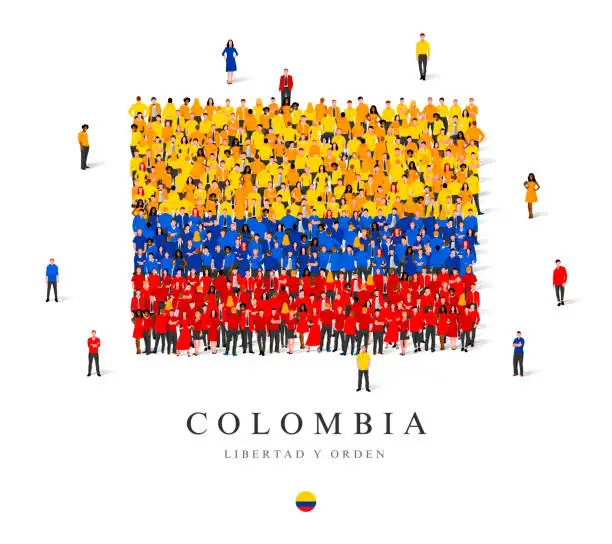 Vector illustration of A large group of people are standing in yellow, blue and red robes, symbolizing the flag of Colombia.