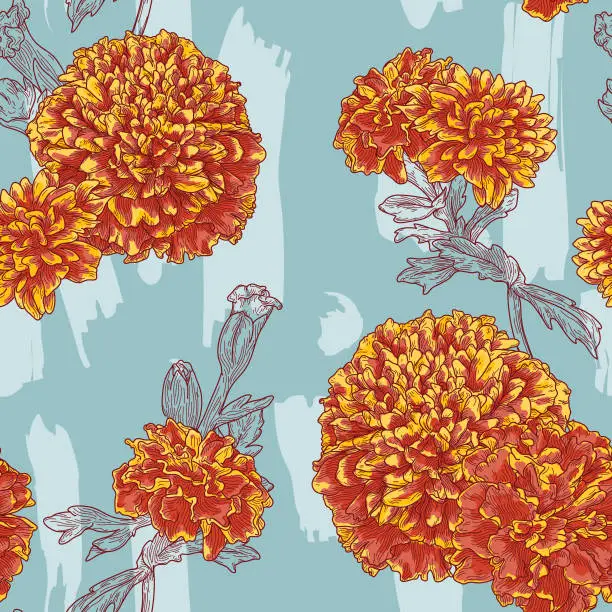 Vector illustration of Seamless Marigold Line Art Floral Pattern