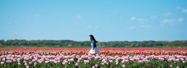 istock Girl playing in a tulip field 1311578151