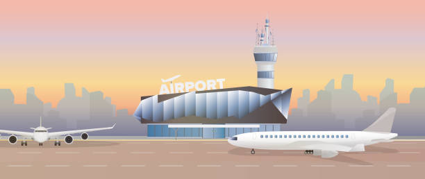 ilustrações, clipart, desenhos animados e ícones de aeroporto moderno. pista. avião na pista. aeroporto em um estilo plano. silhueta da cidade. ilustração vetorial - runway airplane airport three dimensional shape