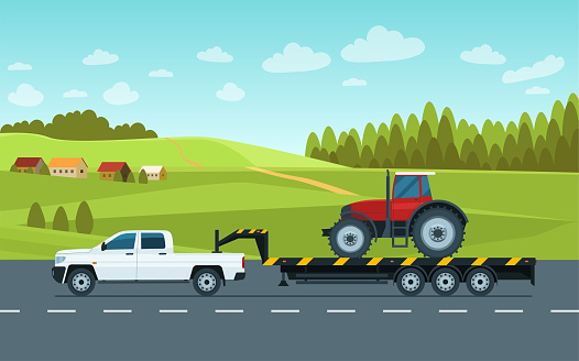 A pickup truck with a trailer transports a tractor on the road against the backdrop of a rural landscape. Vector flat style illustration.