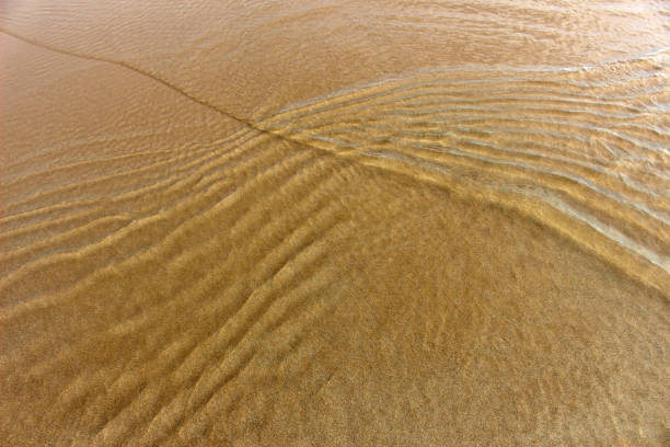 Small waves make ripples in shallow water over beach sand Abstract water background of small ripples crossing in sunlight in the ocean’s shallows over golden sand. shallow stock pictures, royalty-free photos & images
