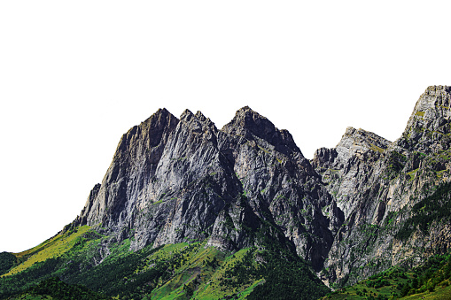 A high cliff with a green forest below isolated on a white background.