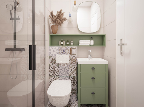 Modern Bathroom Interior With Shower, Toilet, Mirror And White Cabinets