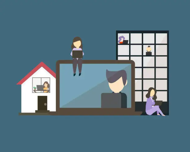 Vector illustration of hybrid workplace with employees working from both office and home vector