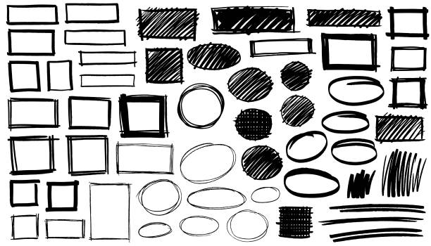 Black pen marker shapes Black paint marker grunge circle, square and rectangle vector illustration picture frame frame ellipse black stock illustrations