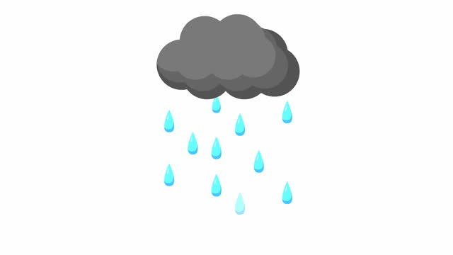 Animated drops of rain from dark gray cloud. Looped video. It's raining. Vector illustration isolated on white background.