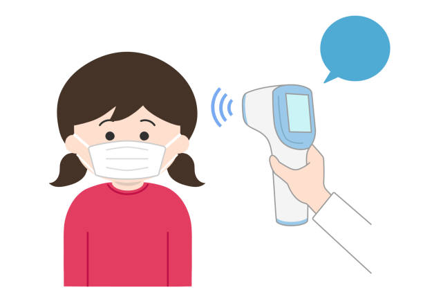 The girl wearing a mask is checked her temperature using a non-contact thermometer for coronavirus. Vector illustration isolated on white background. non gender figure stock illustrations