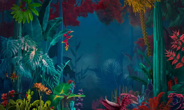 Photo of fairy and surreal night jungle/ garden