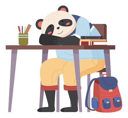 Funny Cartoon Animal Student Lovely Cute Panda Schoolboy Is Sitting And  Sleeping At A Desk Stock Illustration - Download Image Now - iStock
