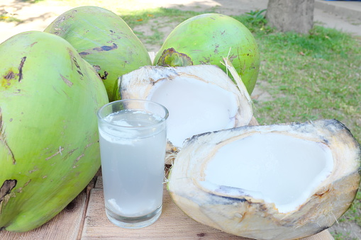 Selective focus of fresh coconut water juice drink in glass with green young coconuts.