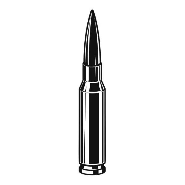 Vector illustration of Bullet cartridge from assault rifle. Design element for poster, card, banner, sign, label, emblem. Vector illustration