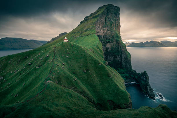 Lighthouse with steep cliffs during sunset on Faroese island Kalsoy, Faroe Islands