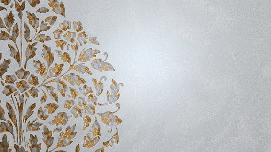 Traditional Islamic design white Arabic floral ornament on gold geometric stars pattern 3D illustration. Arabesque graphic decorative paper cut silhouette banner background for Ramadan, Eid ul Adha.