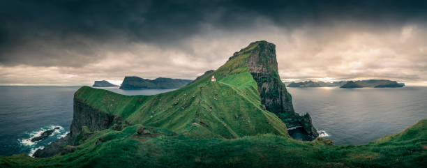 Panorama at Lighthouse with steep cliffs during sunset on Faroese island Kalsoy, Faroe Islands